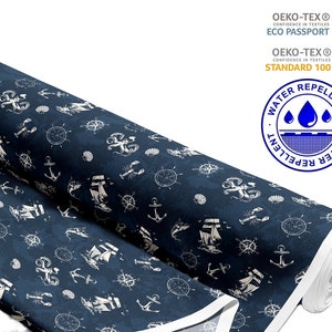 Water-repellent upholstery fabric by the meter Printed, outdoor fabric 100% polyester Oeko-TexI Motif: nautical symbols on navy blue image 2