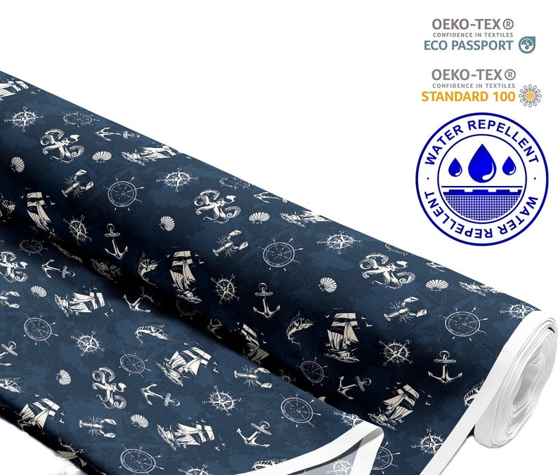 Water-repellent upholstery fabric by the meter Printed, outdoor fabric 100% polyester Oeko-TexI Motif: nautical symbols on navy blue image 2