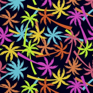 May include: A seamless pattern featuring colourful palm trees on a black background. The palm trees are in various shades of pink, yellow, green, blue, and orange.