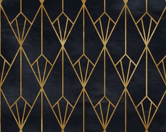 May include: A seamless pattern of gold geometric shapes on a black background. The pattern is made up of repeating diamonds and triangles.