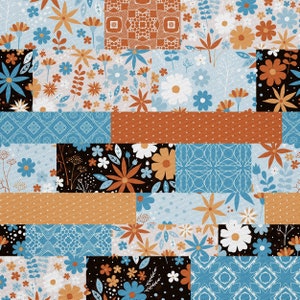 Könnte beinhalten: Ein Patchwork-Quilt-Design mit verschiedenen Blumenmustern in Blau-, Orange- und Weißtönen. Der Quilt besteht aus Quadraten und Rechtecken unterschiedlicher Größe, die jeweils ein einzigartiges Design aufweisen.