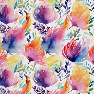 Puede incluir: Un patrón sin costuras que presenta flores abstractas de acuarela en tonos de rosa, morado, azul, naranja y amarillo. Las flores son estilizadas y tienen un aspecto suave y de ensueño. El fondo es blanco.