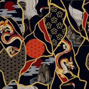 Tessuto per tappezzeria al metro, idrorepellente, stampato, OXFORD, tessuto per esterni - 100% poliestere - Oeko-Tex | Motivo: drago e airone