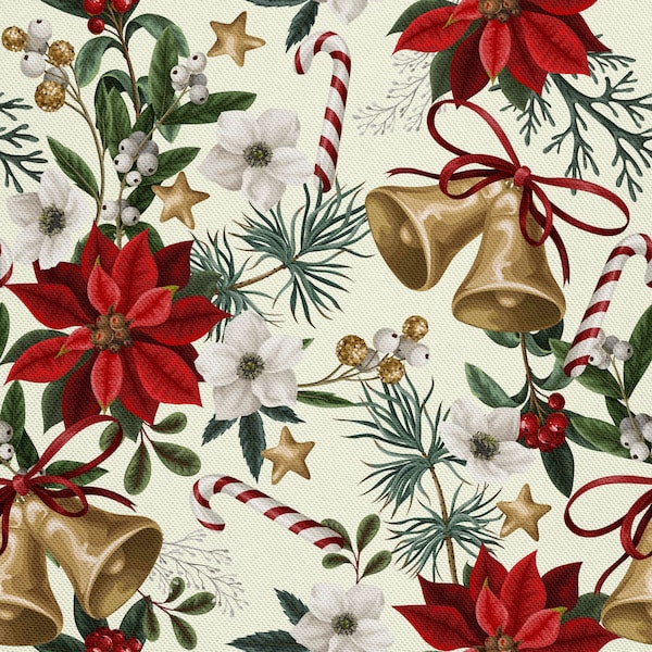 Tissu Imperméable Toile Store au Metre - Tissus au metre Ameublement pour Intérieur et Extérieurs  100% Polyester: Cloches et fleurs de Noël