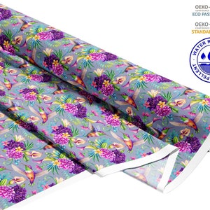 Tejido de tapicería repelente al agua por metro Tejido estampado para exteriores 100% poliéster Oeko-TexI Motif: colorido colibrí imagen 2