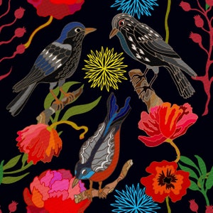 Tessuto per tappezzeria al metro, idrorepellente, stampato, OXFORD, tessuto per esterni - 100% poliestere - Oeko-Tex | Motivo: Uccelli e papaveri