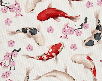Upholstery fabric by the meter, water-repellent, printed, OXFORD, outdoor fabric - 100% Polyester - Oeko-Tex | Motif: Koi fish and Sakura