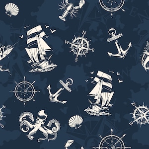 Water-repellent upholstery fabric by the meter Printed, outdoor fabric 100% polyester Oeko-TexI Motif: nautical symbols on navy blue image 1