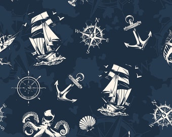 Water-repellent upholstery fabric by the meter - Printed, outdoor fabric - 100% polyester - Oeko-TexI Motif: nautical symbols on navy blue