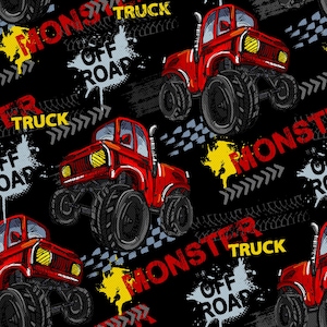 Peut inclure: Motif répété sur fond noir avec des monster trucks rouges et de gros pneus. Les mots "MONSTER TRUCK" et "OFF ROAD" sont dispersés dans le design en différentes polices et couleurs, avec des traces de pneus et des graphiques de flèches.