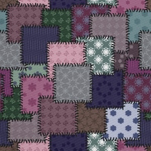Op de afbeelding: Een patchwork quiltontwerp met verschillende patronen en kleuren, waaronder roze, paars, blauw en groen. De quilt is gemaakt van vierkanten en rechthoeken, en elk stuk is met een zwarte steek aan elkaar genaaid.