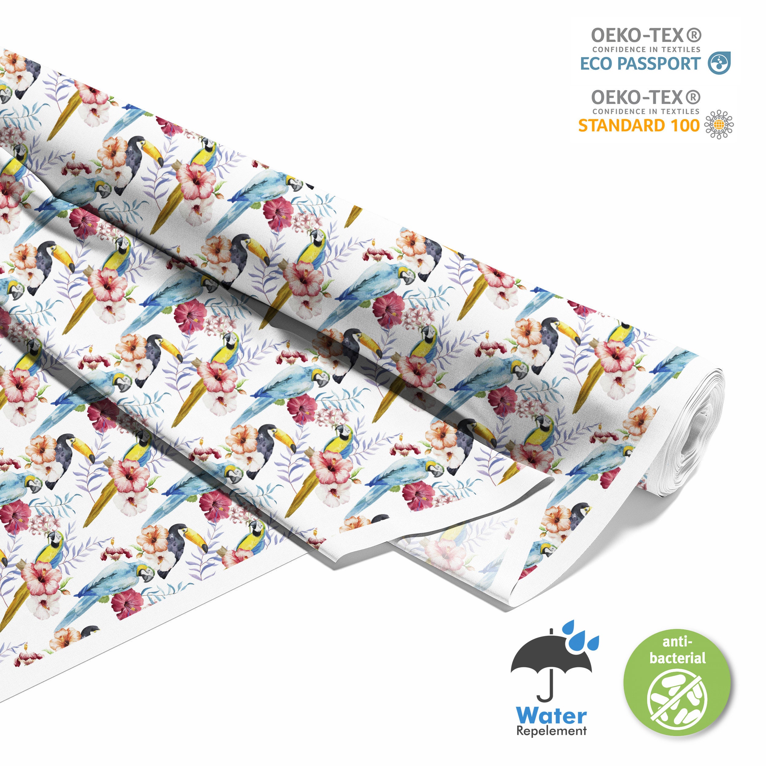 Polsterstoff Meterware Wasserabeisendes- Bedruckter, OXFORD, Outdoorstoff - 100% Polyester - Oeko-Tex I Motiv: Vögel, Blumen DX2842