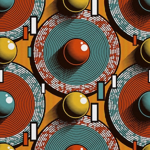 Op de afbeelding: Abstract patroon met concentrische cirkels in tinten van oranje, blauw en geel. De cirkels zijn op elkaar gelegd, waardoor een gevoel van diepte en beweging ontstaat. De achtergrond is licht oranje.