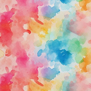 Può includere: Dipinto astratto ad acquerello con un design colorato e vibrante. Lo sfondo è di colore crema chiaro con spruzzi di rosa, blu, giallo e verde.