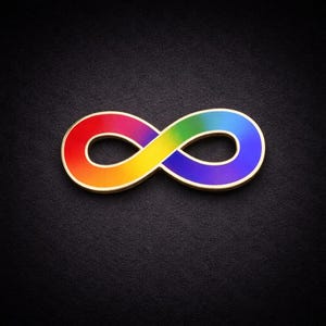 May include: A gold-colored infinity symbol pin with a rainbow gradient of colors, including red, orange, yellow, green, and blue. The pin is set against a black background.