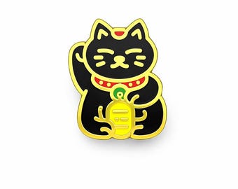Pin esmaltado de Maneki Neko negro, amuleto de gato de la suerte dorado