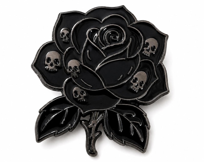 Death Bloom Enamel Pin, Black Rose Skull Gothic Dark Floral Pin