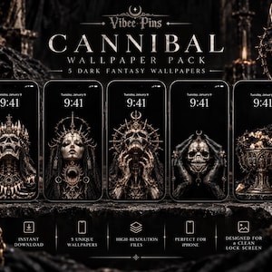 Puede incluir: Un paquete de fondos de pantalla digitales titulado Vibee Pins Cannibal Wallpaper Pack que incluye cinco fondos de smartphone de fantasía oscura. Cada pantalla muestra ilustraciones góticas detalladas de calaveras, coronas y cálices dorados.