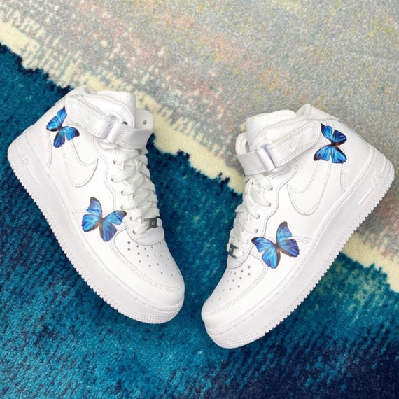 Dripping Blue Custom Air Force 1 Sneakers with Butterflies. Low, Mid & High Top High / 7 Y / 8.5 W