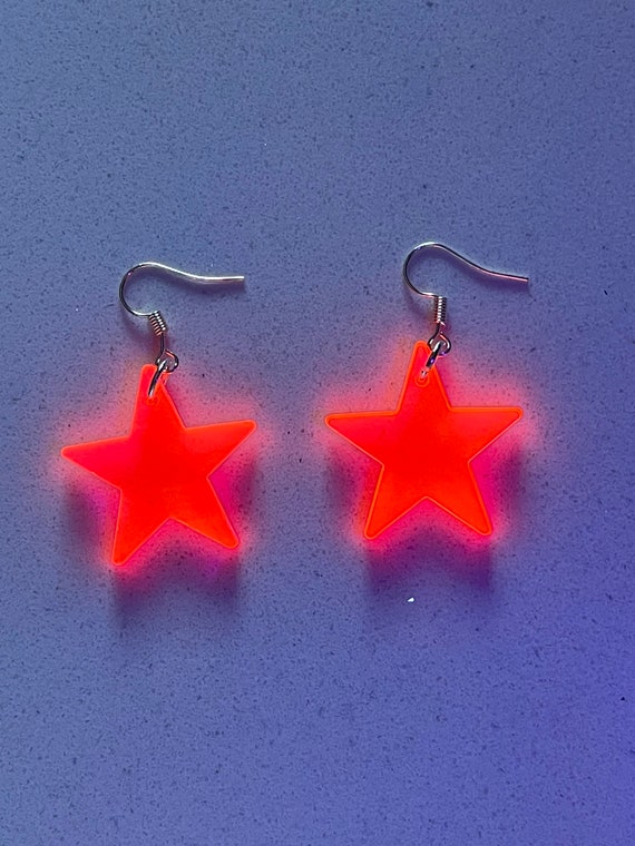 Pink Neon Star Earrings With Uv Active Glow Light Weight Acrylic