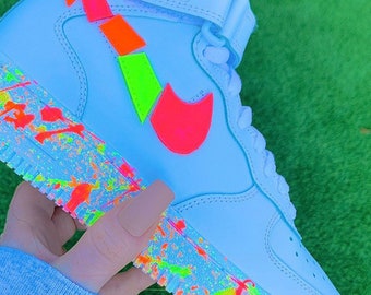 Neon Crooked swoosh and splash sole custom Nike Air Force 1 mid High top sneakers