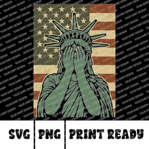 May include: A digital illustration of the Statue of Liberty with her hands over her face, crying. The Statue of Liberty is in front of an American flag with red, white, and blue stripes and white stars on a blue field. The image is in a vintage style.