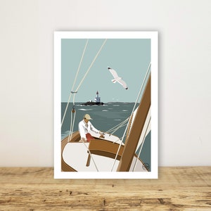 Affiche A5 "Voilier Phare"  - Carte, poster bord de mer - Wall Art - Print - Décoration murale - Quiberon - Sea - sail - Bretagne