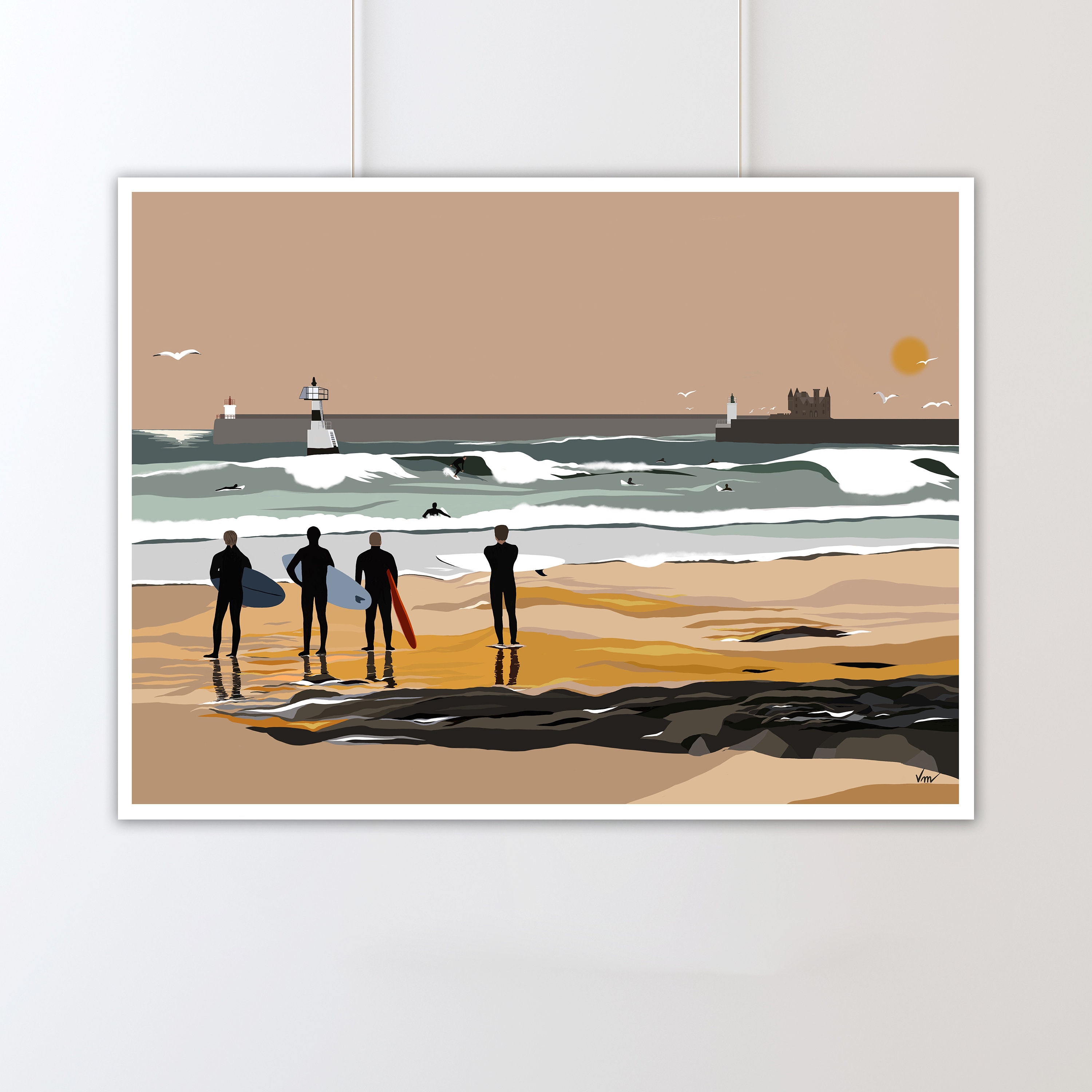 Affiche Surfeur Bretagne | Illustration Poster Décoration Murale Affiche Vintage Décoration Mer Océa