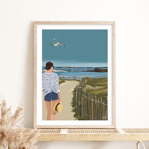 Póster Conguel | Paisaje de Bretaña | Ilustración Quiberón | Cartel de la vendimia | Mar | Océano | Playa