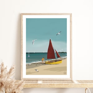 Cartel del bote | Velero Playa Bretaña | Ilustración Quiberón | Cartel de la vendimia | Decoración | Art déco | Mar | Océano