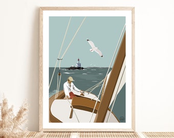 Affiche Bateau Voilier Bretagne Phare La Teignouse | Poster Vintage Quiberon | Illustration Murale Décoration Océan Mer | Idée Cadeau