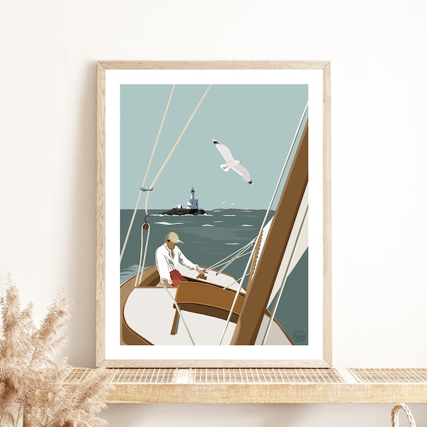 Affiche Bateau Voilier Bretagne | Illustration | Poster décoration murale | Affiche vintage | Décoration | Quiberon | Phare de La Teignouse