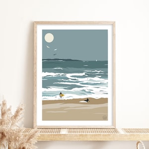 Cartel “Surf de invierno” | Paisaje de Bretaña | Ilustración de surf junto al mar | Cartel de la vendimia | Mar | Océano