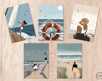CARTES POSTALES - Lot de 5 cartes - Illustrations de bord de mer - Bretagne