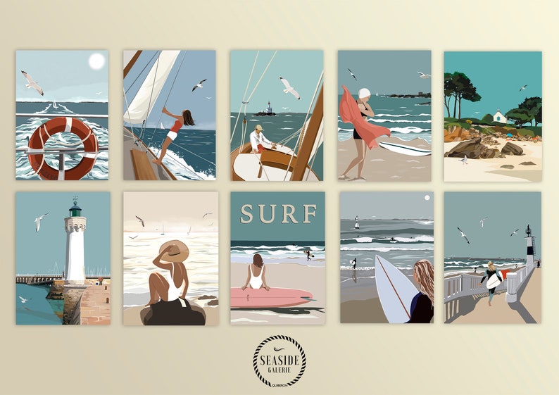 CARTES POSTALES - Lot de 10 cartes - Illustrations de bord de mer - Bretagne image 1