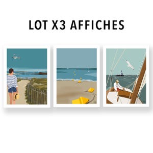 Lote de 3 pósteres | Ilustración | Póster decorativo de pared | Póster vintage | Decoración | Art déco | Mar | Océano | Playa | QUIBERON