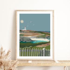 Póster Pointe des Poulains Belle Ile | Playa de Bretaña | Ilustración Quiberón | Cartel de la vendimia | Mar | Océano