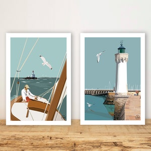 Lot 2x Affiche A5 "Voilier bateau Phare"  - Carte, poster bord de mer - Wall Art - Print - Décoration murale - Quiberon - Sea  - Bretagne