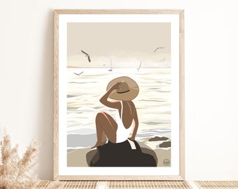Affiche SUNSET Bretagne | Illustration | Poster décoration murale | Affiche vintage | Décoration | Art deco | Mer | Océan | Plage | QUIBERON