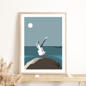 Cartel de gaviota | Pájaro |Bretaña | Ilustración junto al mar | Cartel de la vendimia | Mar | Océano