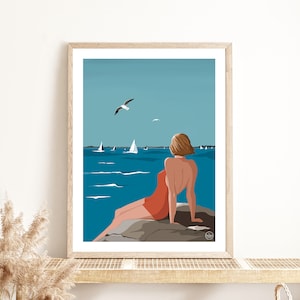 Cartel del bañista | Ilustración | Decoración de pared con carteles | Cartel de la vendimia | Decoración | Art déco | Mar | Océano | Playa