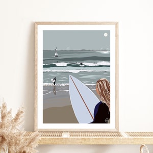 Póster SURF Bretaña | Ilustración | Decoración de pared con carteles | Cartel de la vendimia | Decoración | Mar | Océano | Playa | Quiberón