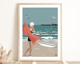 Affiche baigneuse Bretagne | Illustration | Poster décoration murale | Affiche vintage | Décoration | Art deco | Mer | Océan | Plage