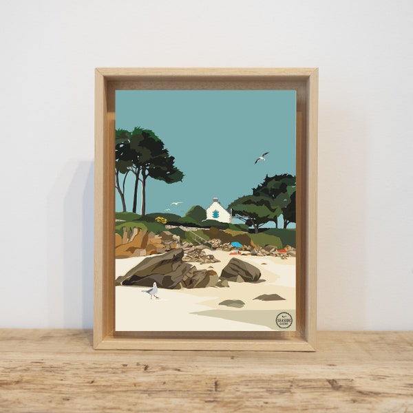 Petit tableau "Plage de Bretagne" - Illustration en caisse us - décoration murale Paysages marins Quiberon morbihan affiche