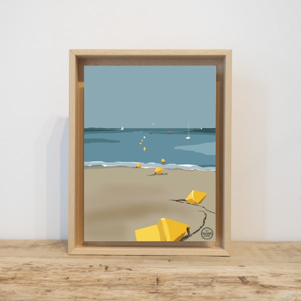 Petit tableau "BOUÉES PLAGE" - Illustration en caisse us - Bord de mer - décoration murale - Paysages marins - Plage - Bretagne - Quiberon