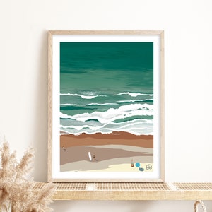 Poster "Luftaufnahme Strand" | Landschaft der Bretagne | Surfen am Meer Abbildung | Vintages Plakat | Meer | Ozean
