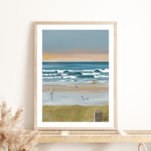 Póster de luces de invierno | Playa de Bretaña | Ilustración Quiberón | Cartel de la vendimia | Decoración | Art déco | Mar | Océano
