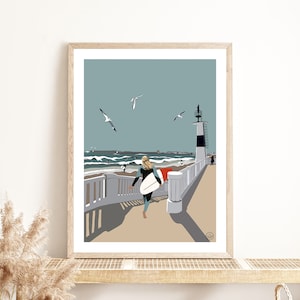 Póster SURF Bretaña | Ilustración | Decoración de pared con carteles | Cartel de la vendimia | Decoración | Art déco | Mar | Océano | Playa | Quiberón