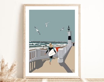 Affiche SURF Bretagne | Illustration | Poster décoration murale | Affiche vintage | Décoration | Art deco | Mer | Océan | Plage | Quiberon