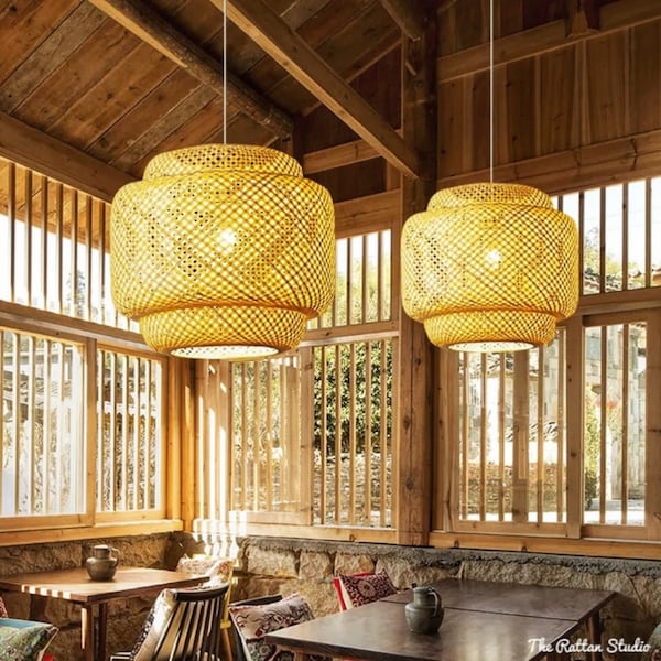 Modern Hand-Woven Bamboo Pendant Light Rattan Bamboo Weaving Kitchen Living Room Decor Pendant Lamps LED Light Fixtures Vintage Chandelier